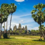 Campagne khmer au premier plan avec en arrière plan le temple d'Angkor Wat